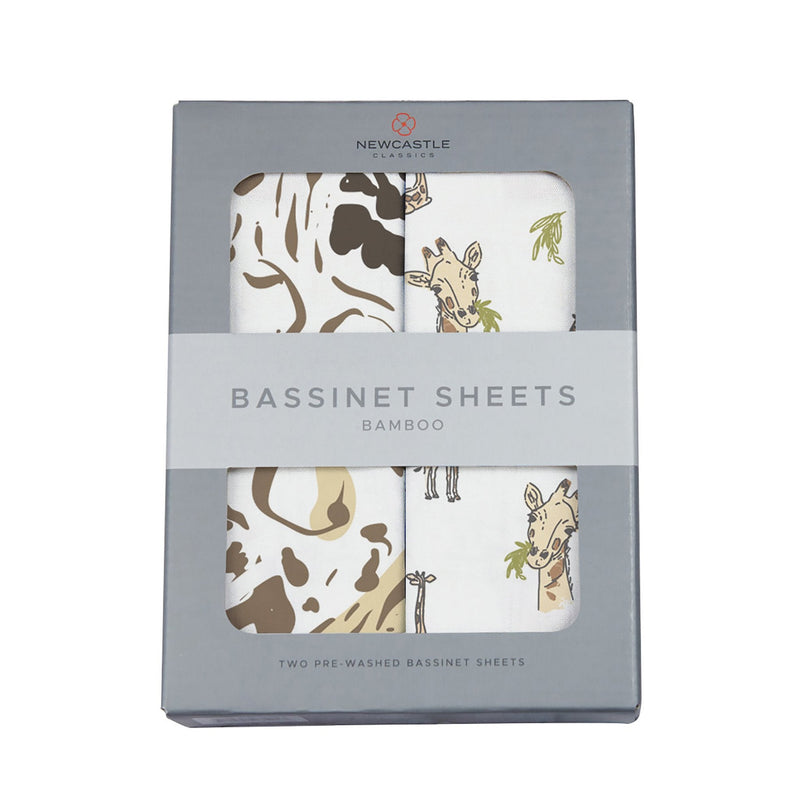 Animal Print and Hungry Giraffe bamboo bassinet sheets in packaging.