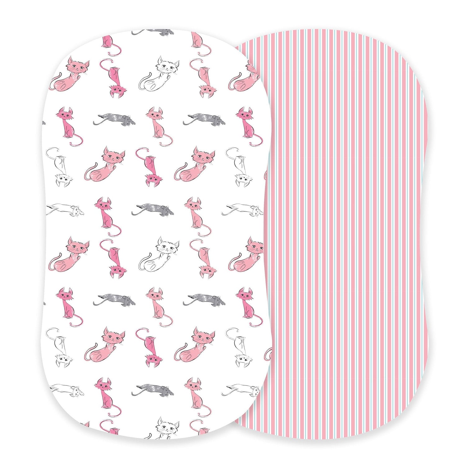 Playful Kitty and Candy Stripe Bamboo Changing Pad Cover/Bassinet Sheets - Pink | Everetts Place