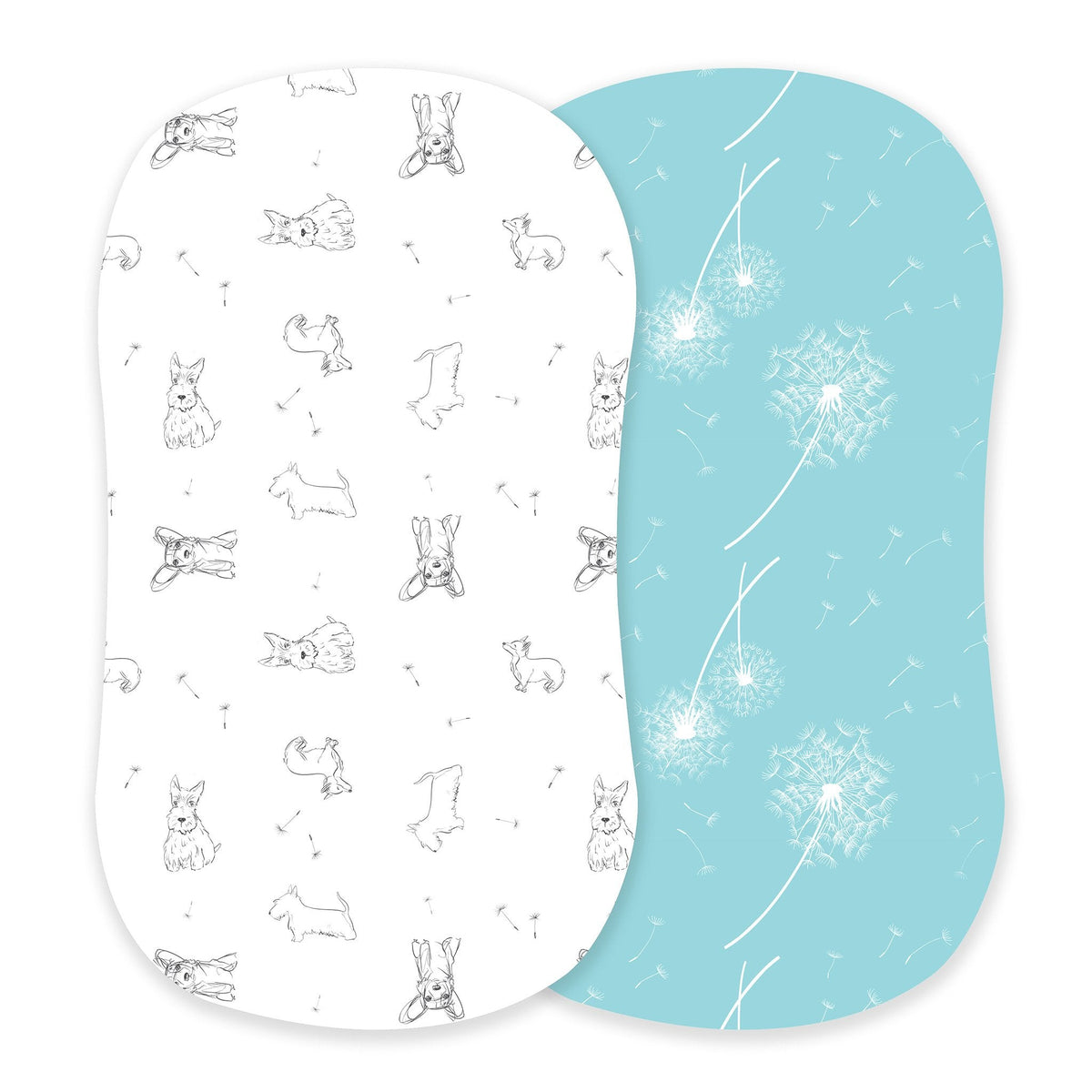 Bamboo bassinet sheet printed with corgis and dandelion seeds