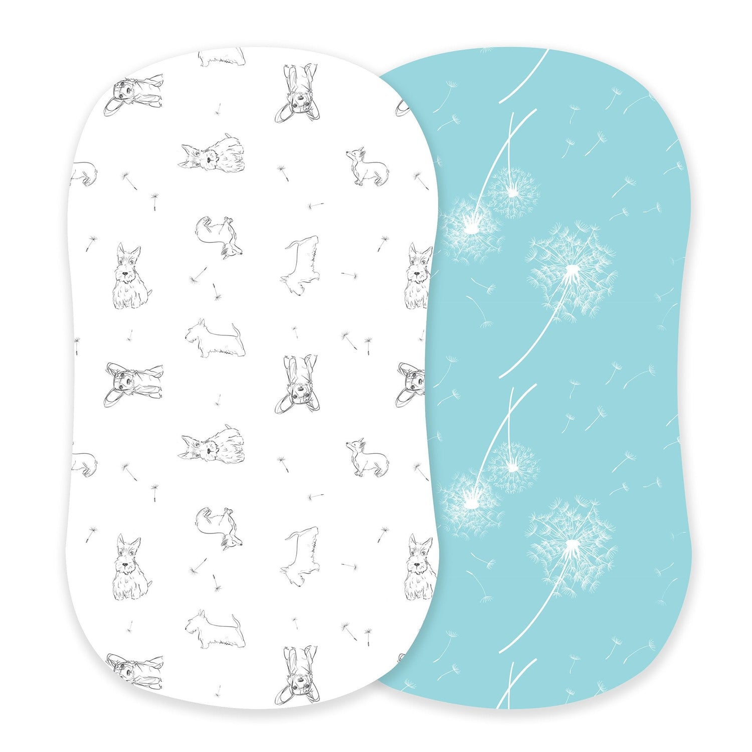 Bamboo bassinet sheet printed with corgis and dandelion seeds