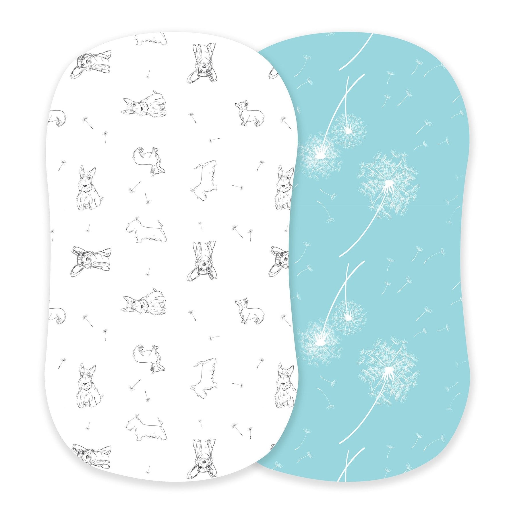 Bamboo bassinet sheet printed with corgis and dandelion seeds