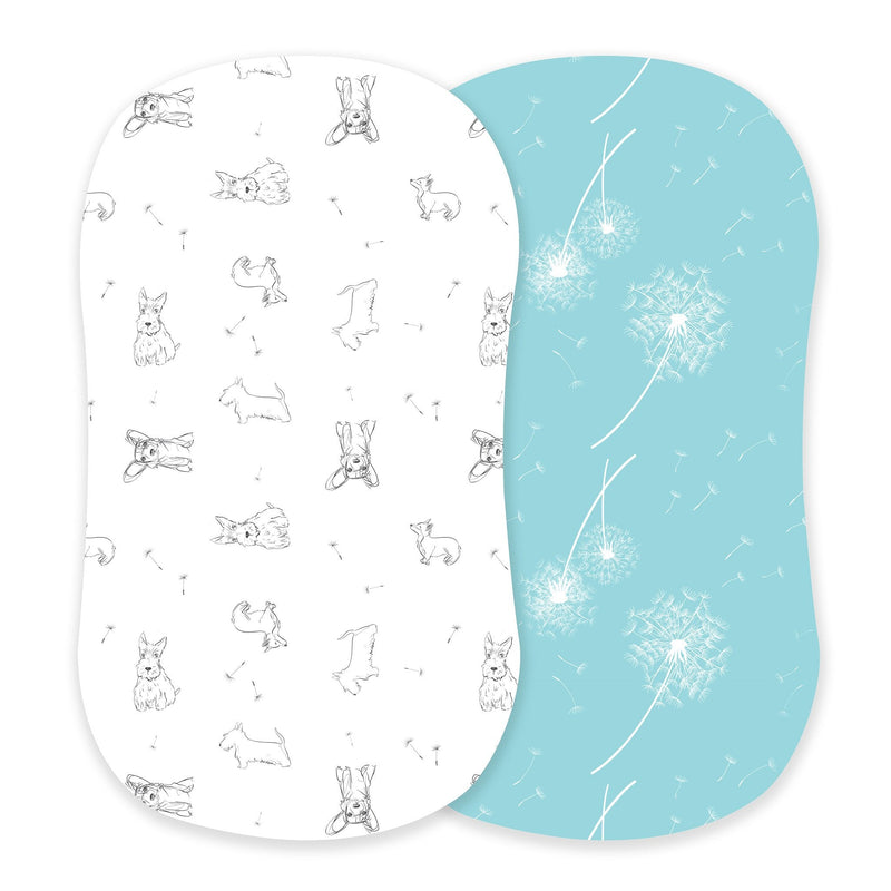 Corgi and dandelion seeds bamboo bassinet sheets, breathable and soft fabric.