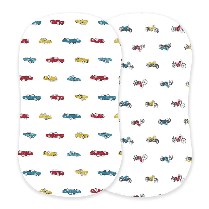Vintage muscle cars and motorcycles bamboo bassinet sheets with soft breathable fabric and vibrant design.