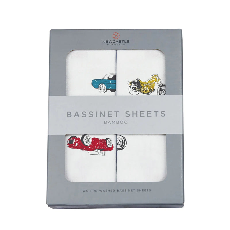 Vintage muscle cars and motorcycles bamboo bassinet sheets in packaging.