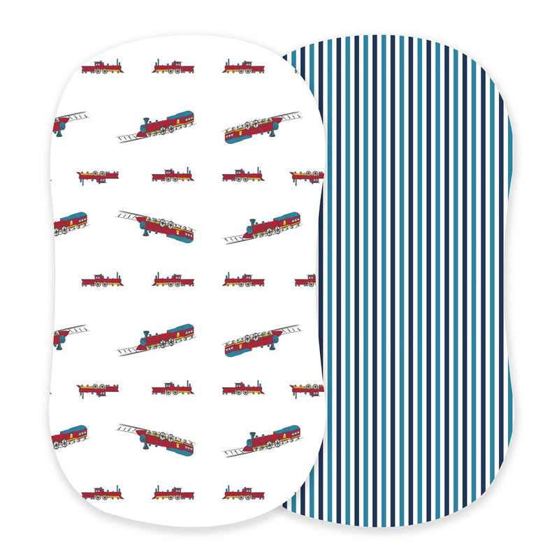 Vintage steam trains and blue and white stripe bamboo changing pad cover/bassinet sheets.