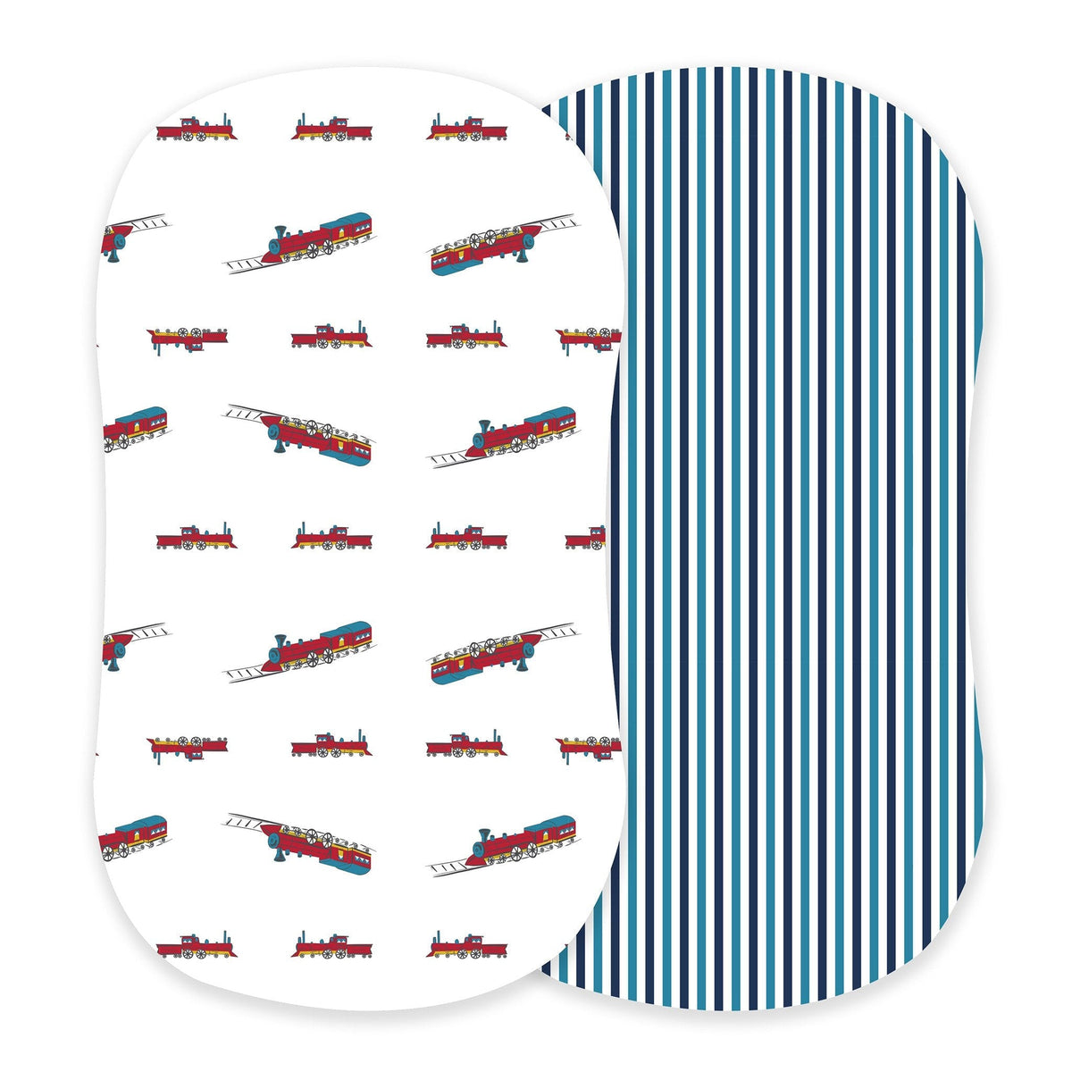 Vintage Steam Trains and Blue and White Stripe Bamboo Changing Pad Cover/Bassinet Sheets by Newcastle Classics (view 1 of 2)