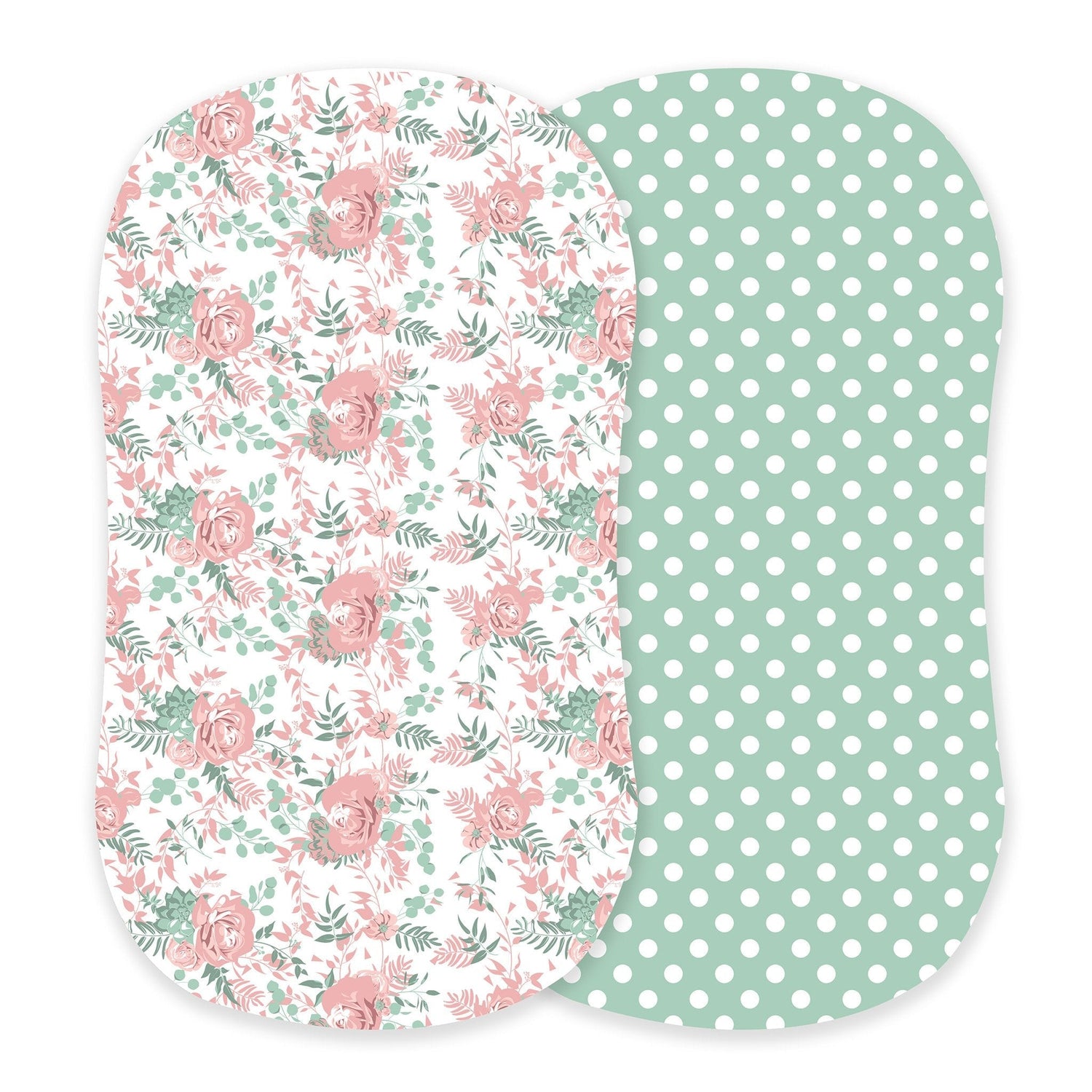 Bassinet sheet in desert rose and jade with a polka dot pattern on natural cotton muslin