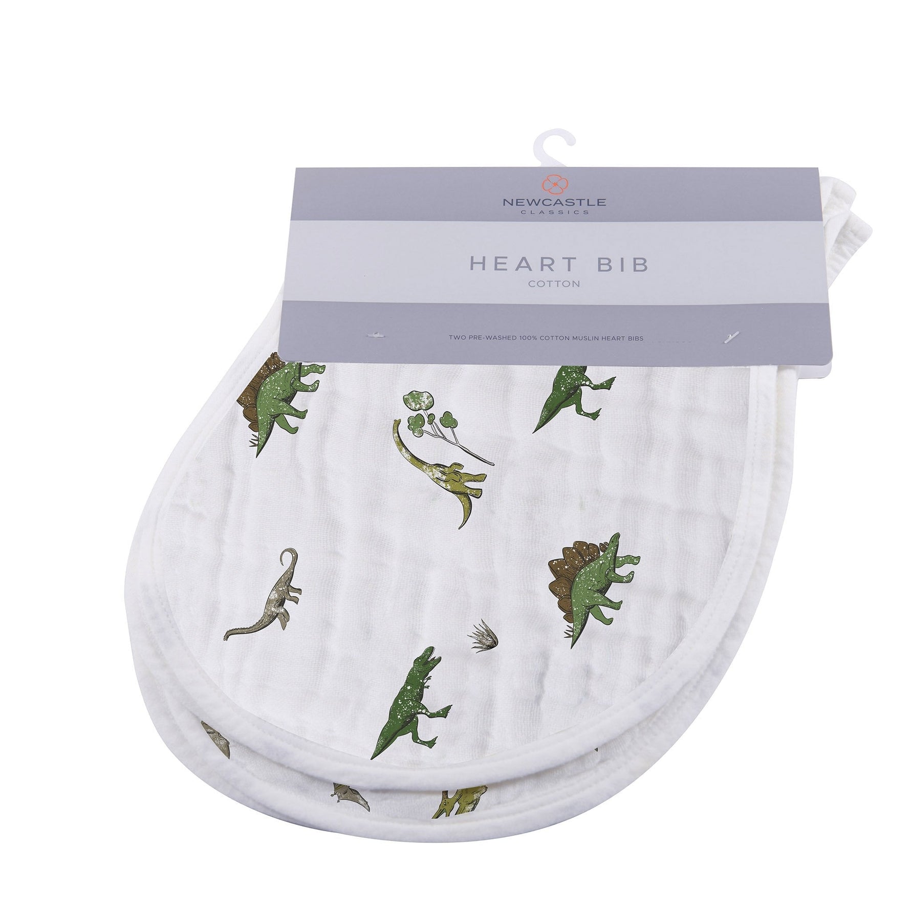 Set of two cotton muslin burp cloth bibs with a Dino Days dinosaur print and snap closures