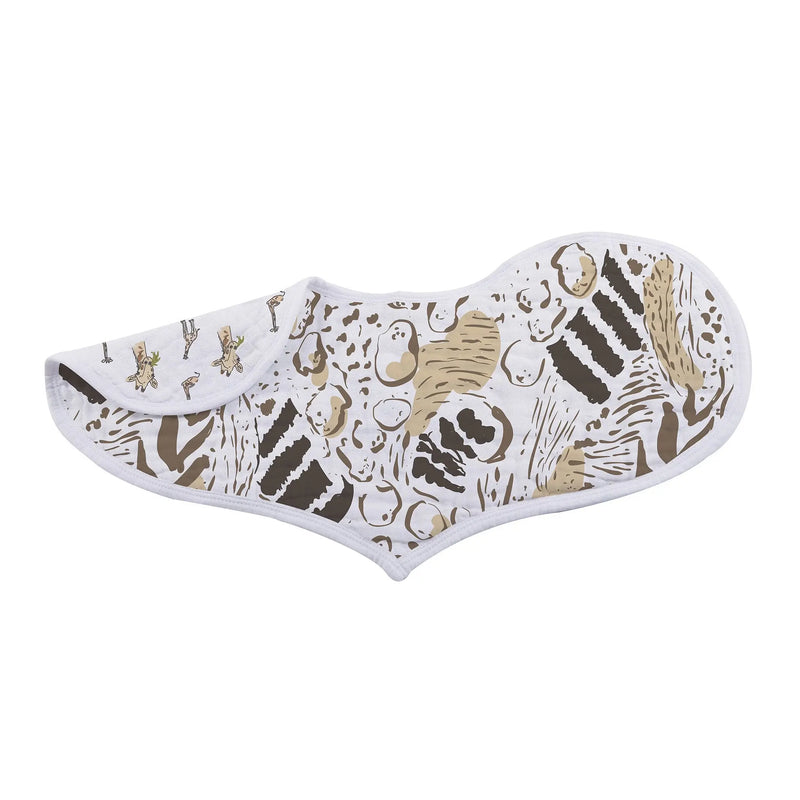 On The Savannah Heart Bib 2PK made from 100% natural bamboo muslin with jungle print.