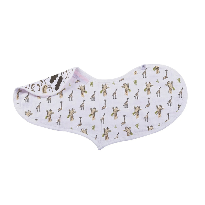 On The Savannah Heart Bib 2PK made from 100% bamboo muslin with giraffe pattern and snap closure, size 21" x 9.5".