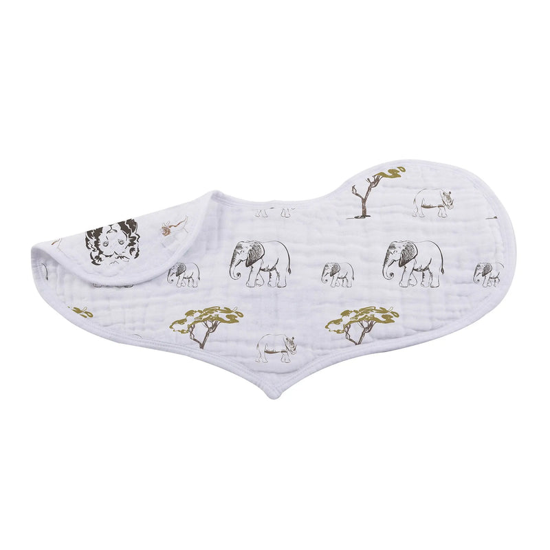 On The Savannah Heart Bib 2PK with elephant and tree print on bamboo muslin.