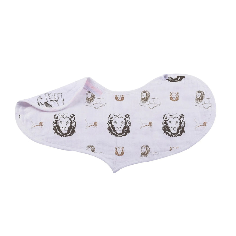 On The Savannah Heart Bib 2PK, 100% natural bamboo muslin bib with snap closure, featuring lion and animal designs.
