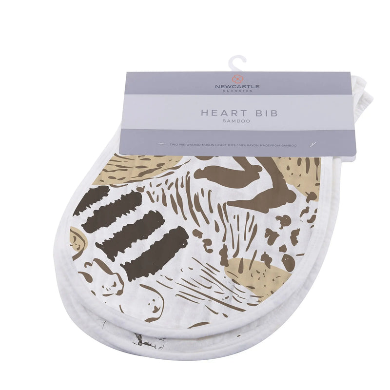 Soft and stylish On The Savannah Heart Bib 2PK made from bamboo muslin.