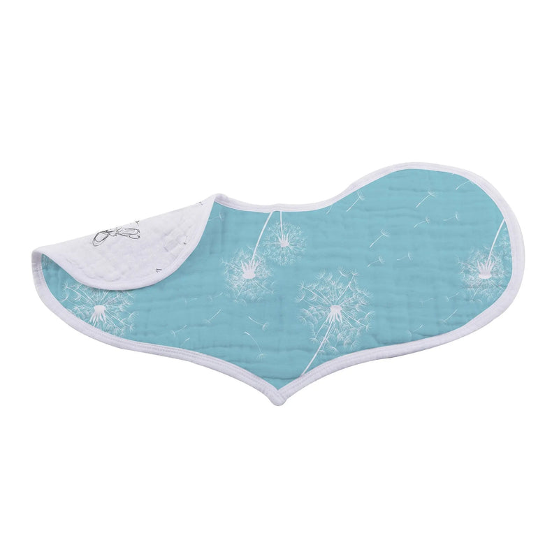 Dandelions Bamboo Heart Bib in blue, featuring soft bamboo muslin with dandelion prints.