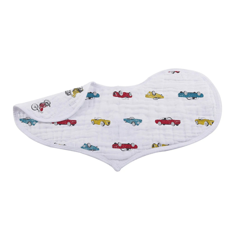 Ultimate Road Trip Bamboo Heart Bib 2PK with colorful car print on soft bamboo muslin.
