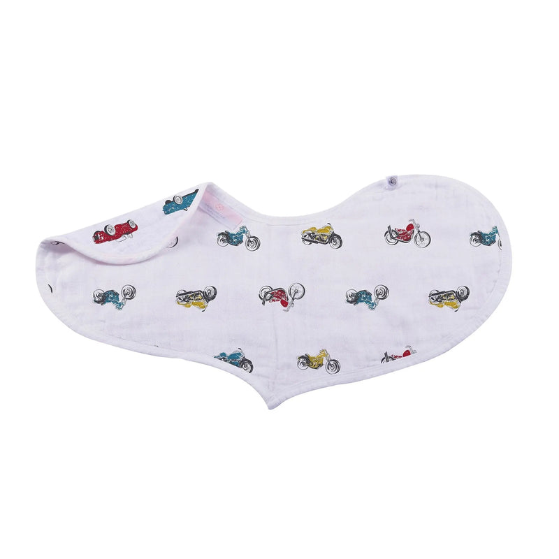 Ultimate Road Trip Bamboo Heart Bib 2PK with colorful vehicle print, made from soft bamboo muslin.
