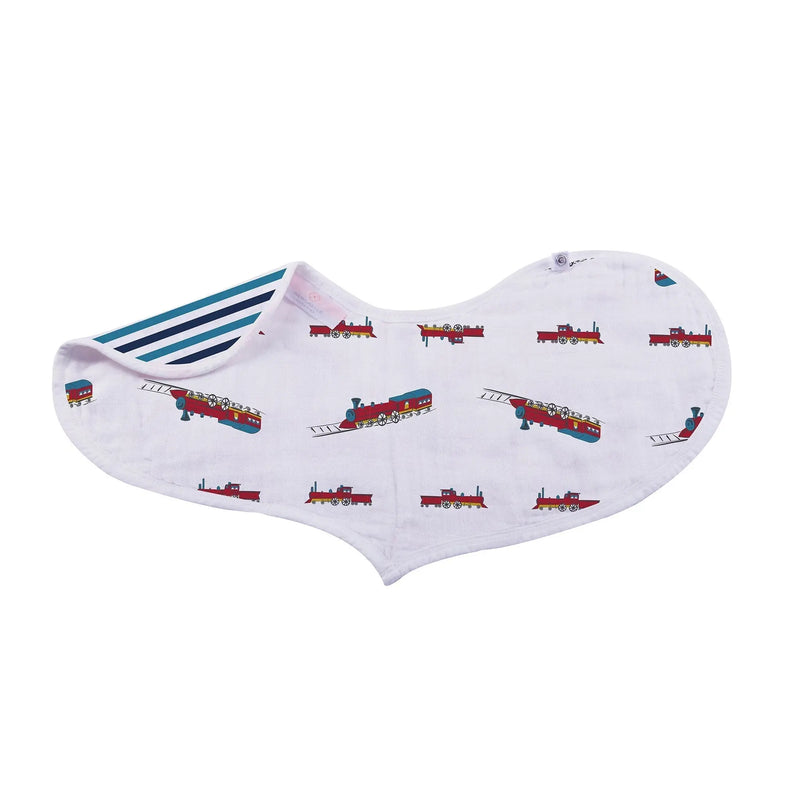 Ultimate Road Trip bamboo heart bib with train pattern, soft muslin fabric.