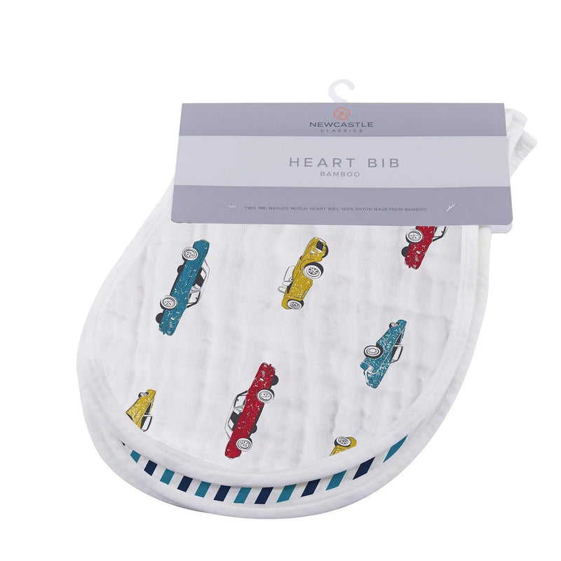 Ultimate Road Trip Bamboo Heart Bib 2PK with snap closure and car print, made from soft 100% natural bamboo muslin.