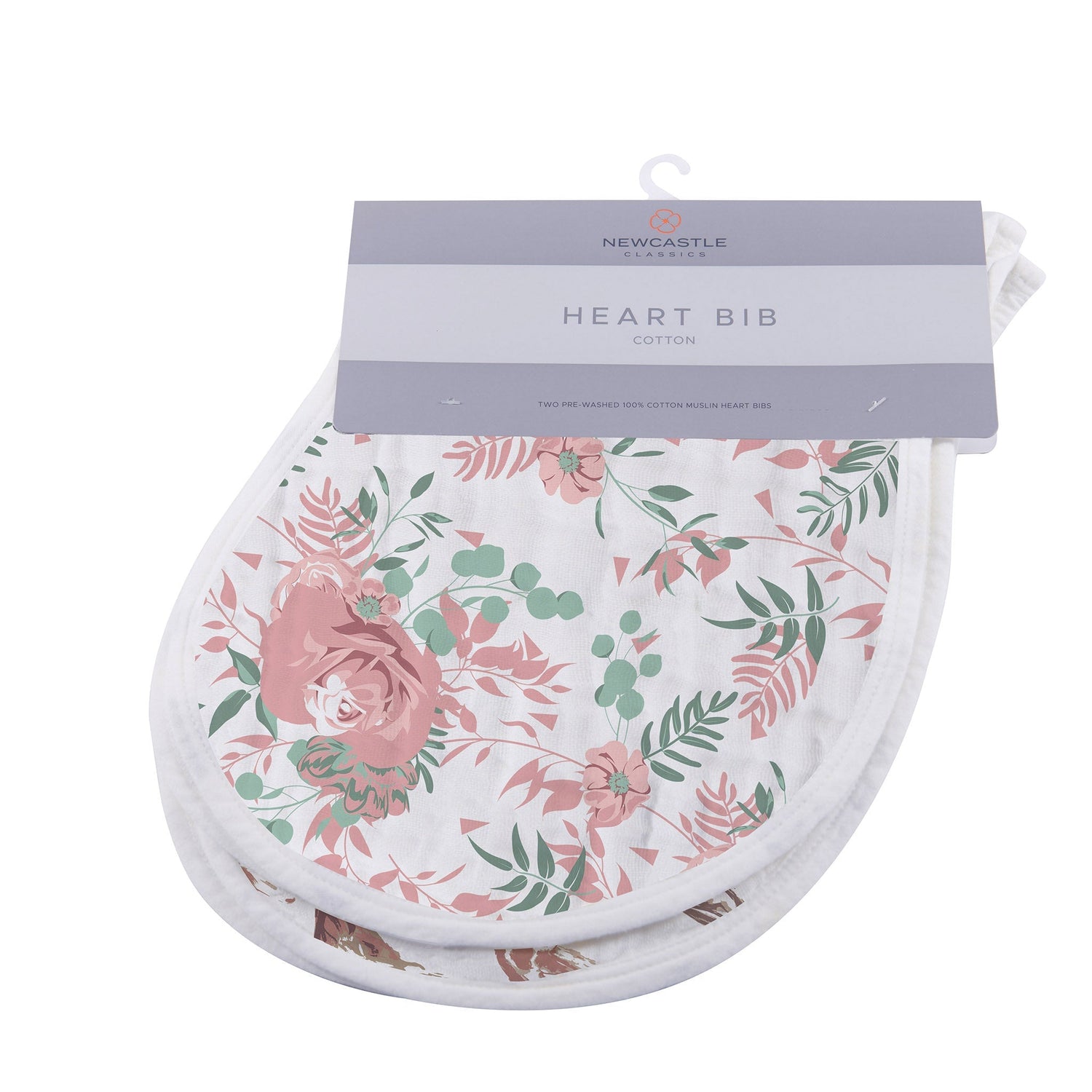 Two heart-shaped cotton muslin baby bibs, one desert rose pink and one with a wild horse print, with snap closures.