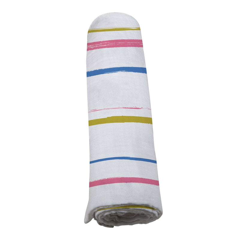Watercolor Stripe Cotton Muslin Swaddle rolled up.