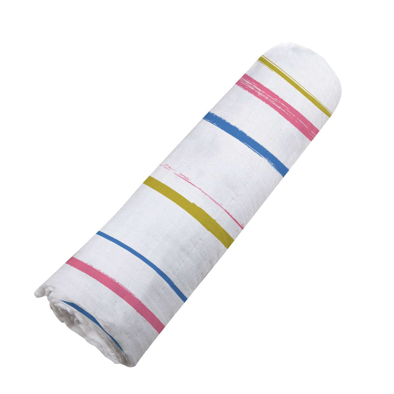 Watercolor Stripe Cotton Muslin Swaddle rolled up, featuring colorful stripes.