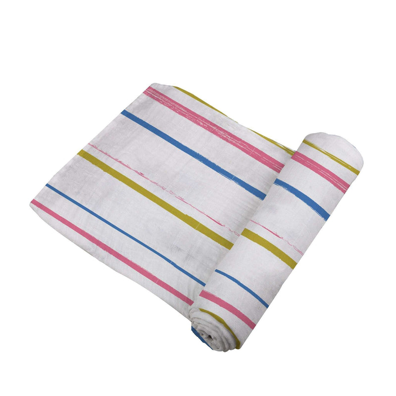 Watercolor Stripe Cotton Muslin Swaddle with colorful stripes, rolled and folded.