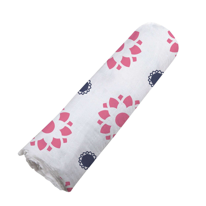 Primrose Indigo Cotton Muslin Swaddle with pink and indigo floral pattern, rolled and ready for use.