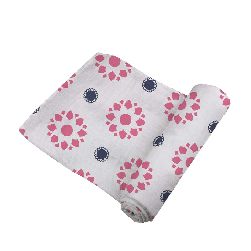 Primrose Indigo Cotton Muslin Swaddle with pink and navy floral patterns.
