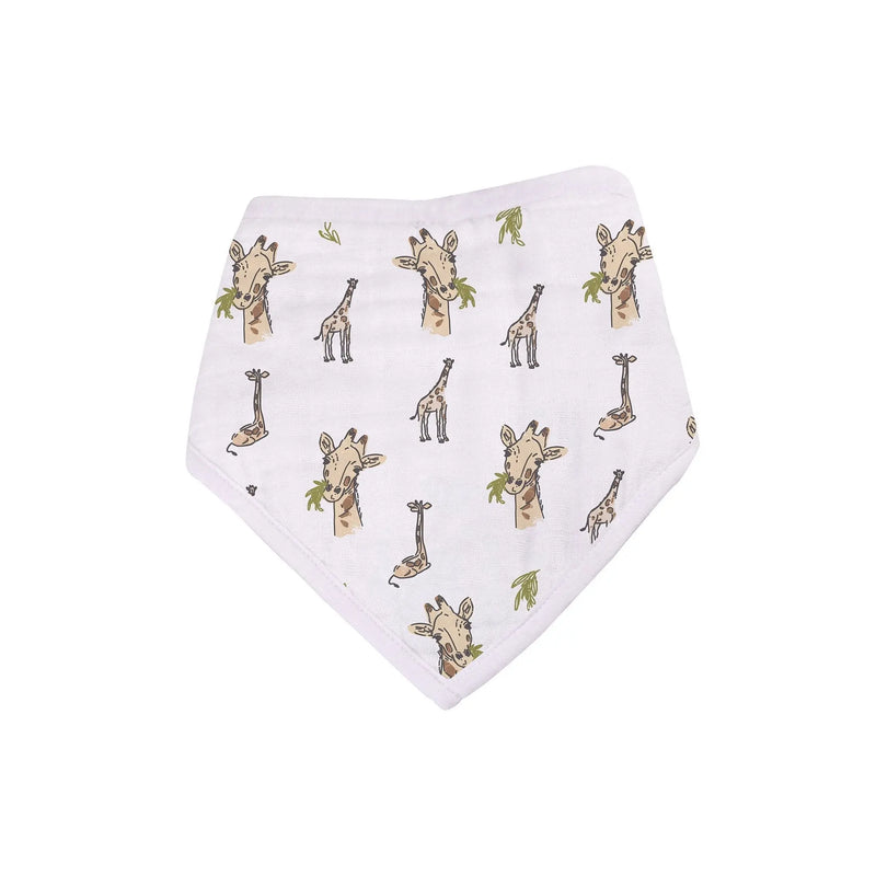 Bamboo bandana bib with giraffe print, soft muslin fabric, adjustable snap closures.