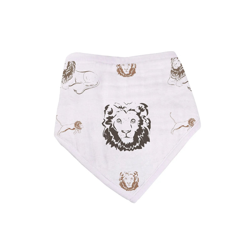 Bamboo bandana bib with lion print, featuring two snap closures, 100% natural bamboo muslin, size 8.5" x 16".