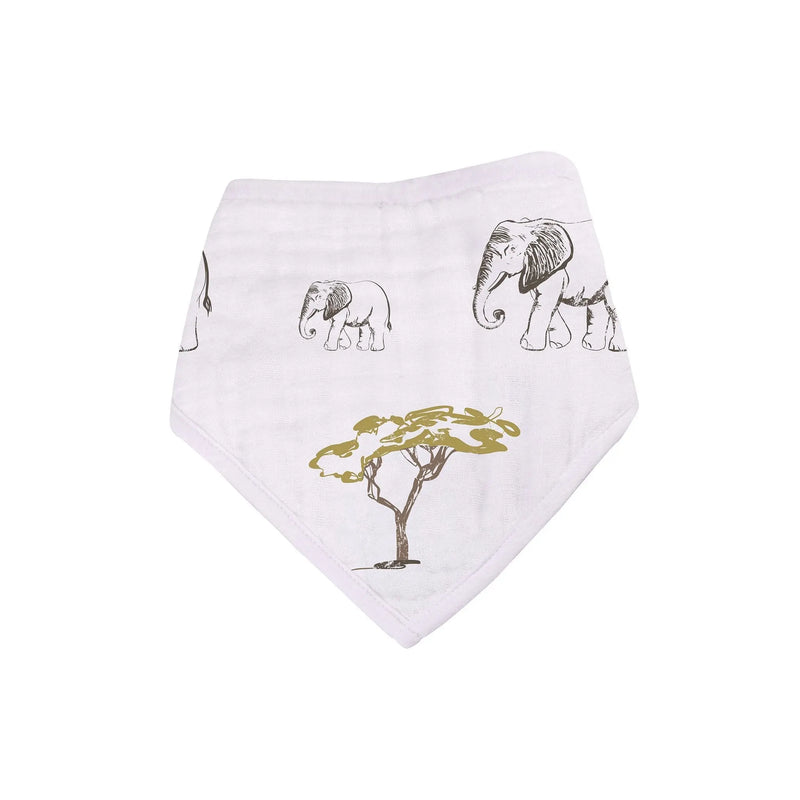 On The Savannah Bamboo Bandana Bib featuring elephant and tree design, made of 100% natural bamboo muslin, with snap closures for adjustable fit.