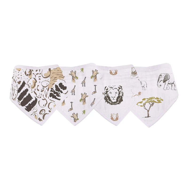 On The Savannah Bamboo Bandana Bibs 4PK with animal prints on soft bamboo muslin.