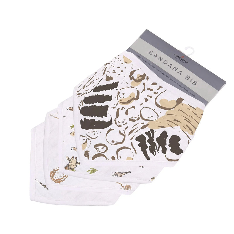 On The Savannah Bamboo Bandana Bibs 4PK with animal prints, featuring absorbent bamboo muslin and snap closures.