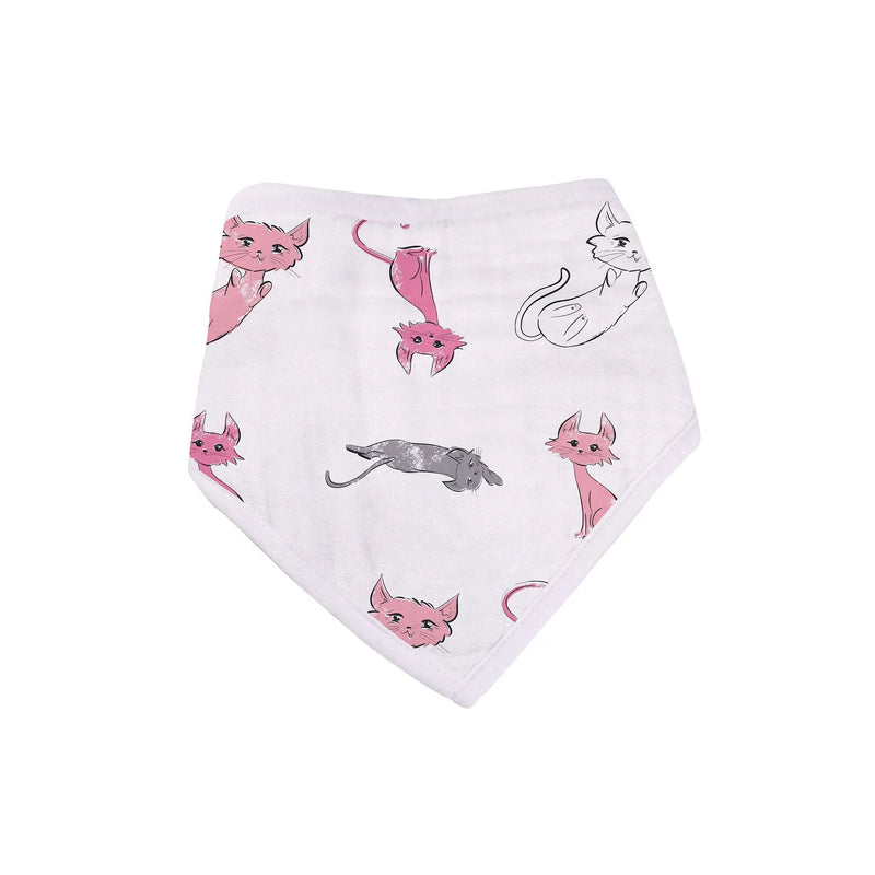 Dandelions Bamboo Bandana Bib with playful cat design, made from soft bamboo muslin.