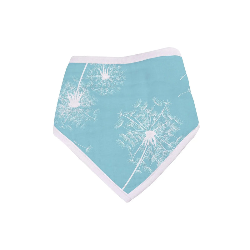 Dandelions Bamboo Bandana Bib in blue with white dandelion pattern, featuring soft bamboo muslin and snap closures.