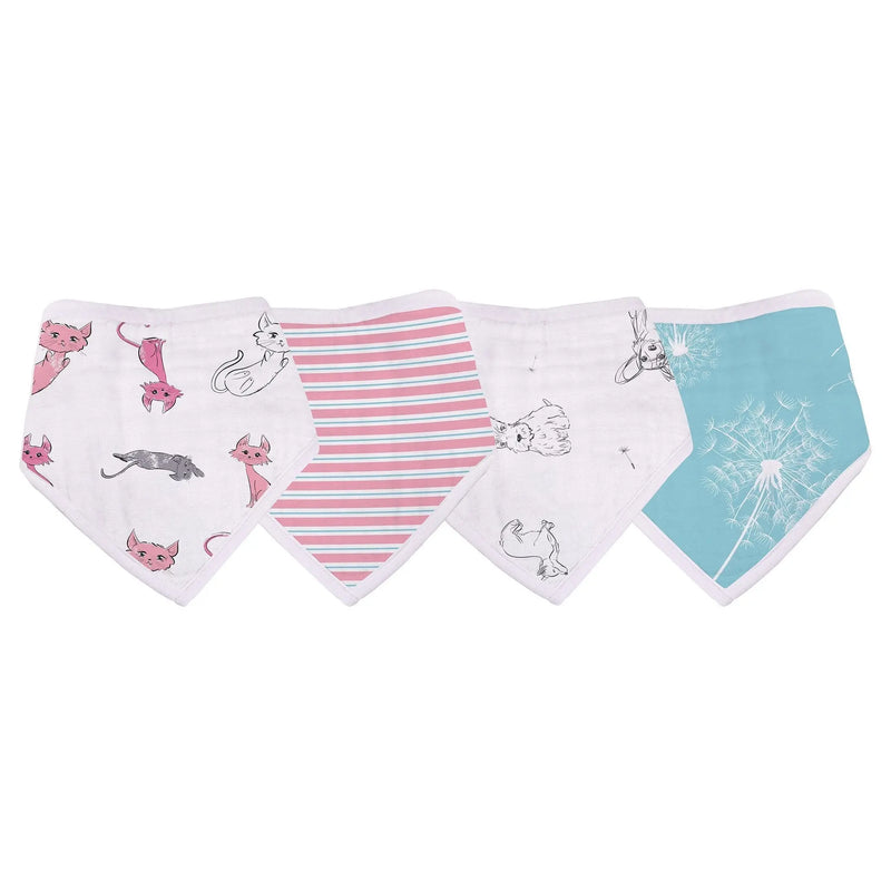 Dandelions Bamboo Bandana Bib 4-pack in assorted prints and colors, soft bamboo muslin fabric.