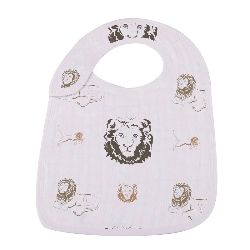 On The Savannah Bamboo Muslin Snap Bib with lion print design.