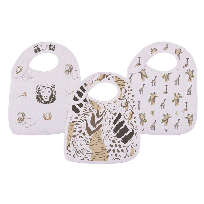 On The Savannah Bamboo Muslin Snap Bibs 3PK featuring safari animal prints.