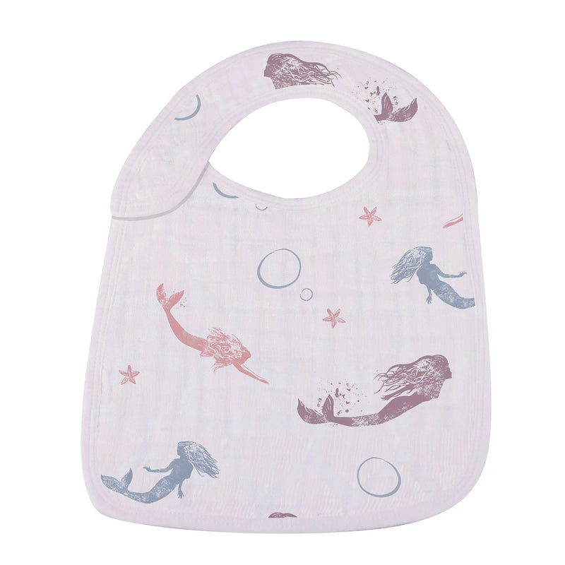 Under The Sea Bamboo Muslin Snap Bib with mermaid design.