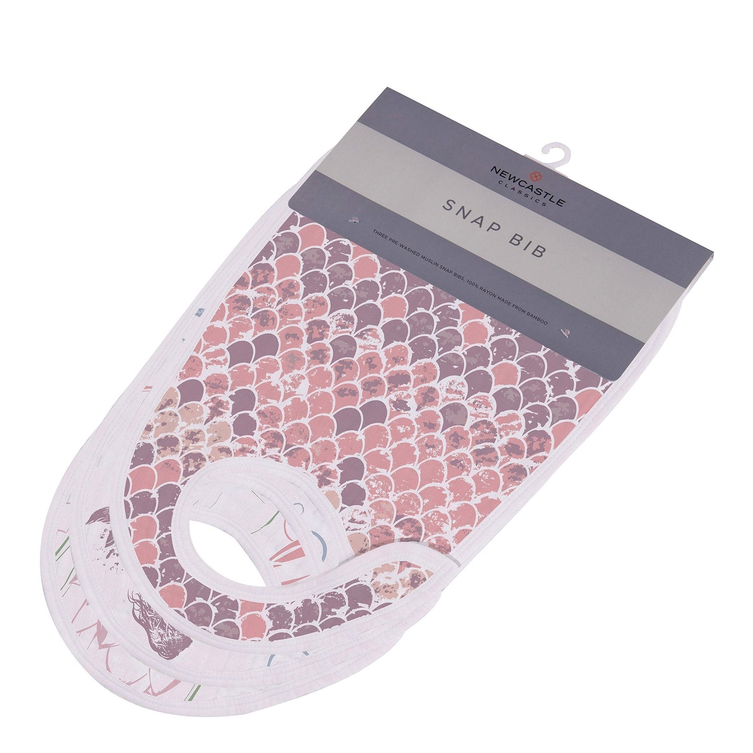 Three bamboo muslin baby bibs with an under-the-sea pattern, each with three front snaps