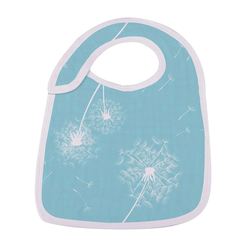 Dandelions Bamboo Muslin Snap Bib in blue with white dandelion design, soft and absorbent, 100% natural bamboo muslin.