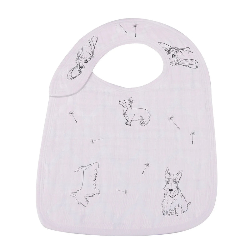 Dandelions Bamboo Muslin Snap Bib featuring animal and dandelion print, soft and absorbent fabric.