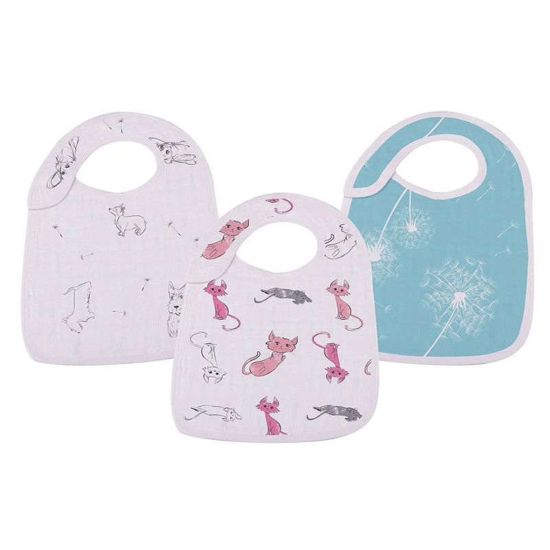 Three Dandelions Bamboo Muslin Snap Bibs featuring playful designs, made from soft and absorbent natural bamboo fabric.
