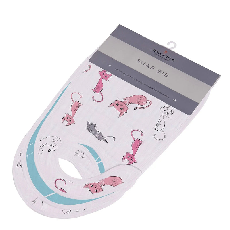 Dandelions Bamboo Muslin Snap Bibs 3PK with cat design, made of soft bamboo muslin fabric.