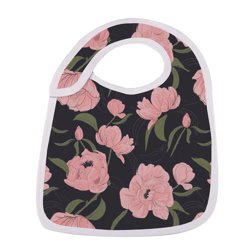 Soft bamboo muslin bib featuring floral design, with easy-to-use front snaps for a secure fit.