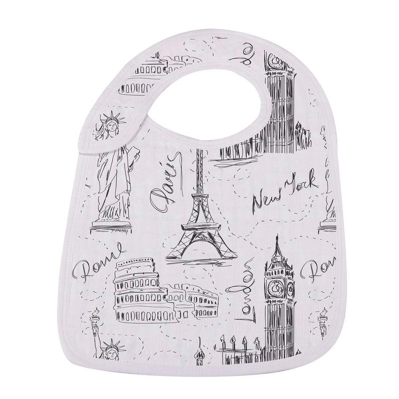 London Paris New York Snap Bibs featuring iconic landmarks, made from 100% natural bamboo muslin.