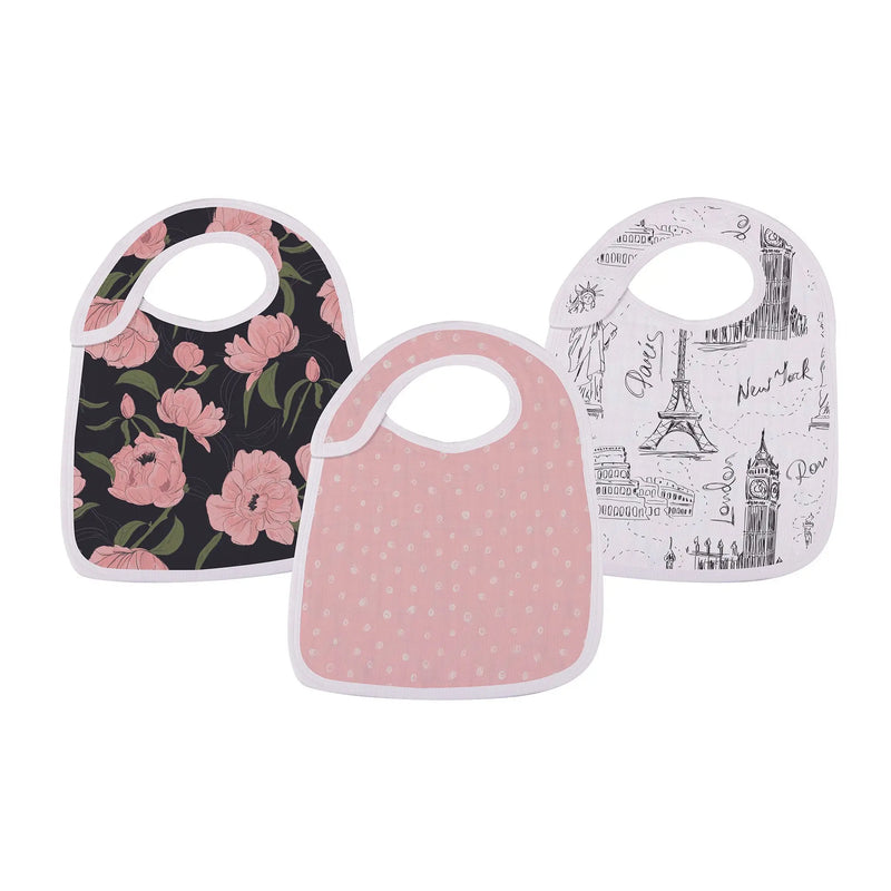 Three London Paris New York snap bibs made of soft bamboo muslin, featuring floral and city designs.