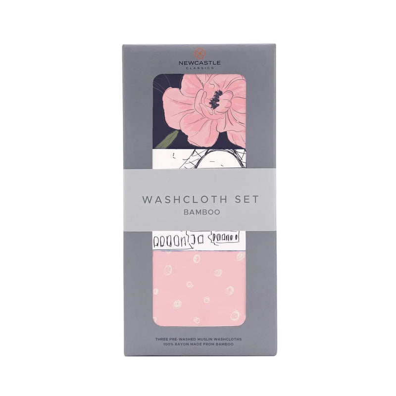 London Paris New York Washcloth Set in bamboo muslin with colorful prints and drying loop.