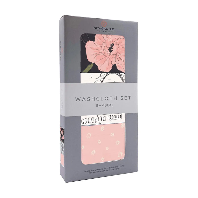 London, Paris, New York Washcloth Set in bamboo muslin with colorful prints and quick-drying loop.