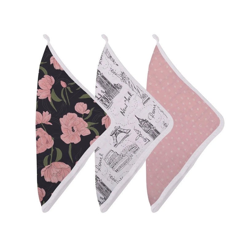 London Paris New York washcloth set with colorful prints, 100% natural bamboo muslin, 12" x 12".